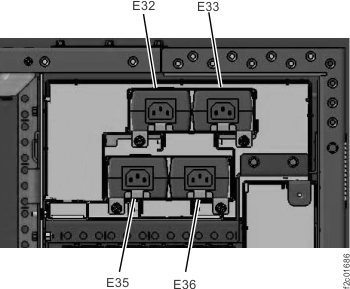 Power supply, 12V (Ethernet switch tray fans, Ethernet switches) locations, rear upper right of rack